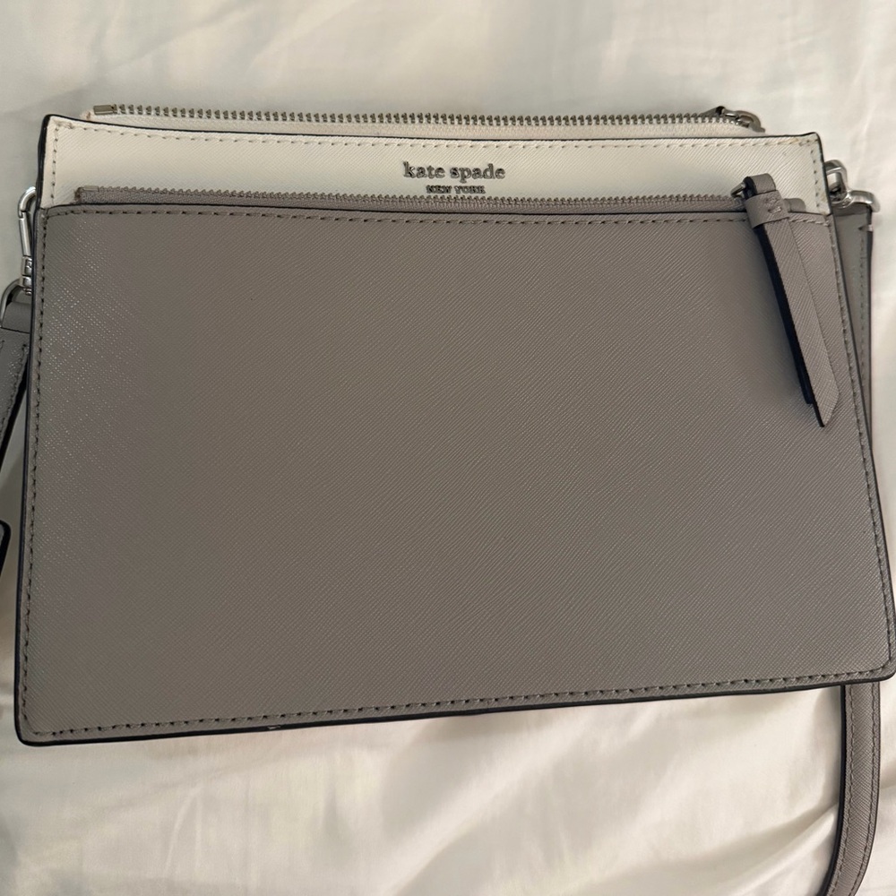 kate spade Gray and Cream Leather Crossbody with triple Zip Pocket